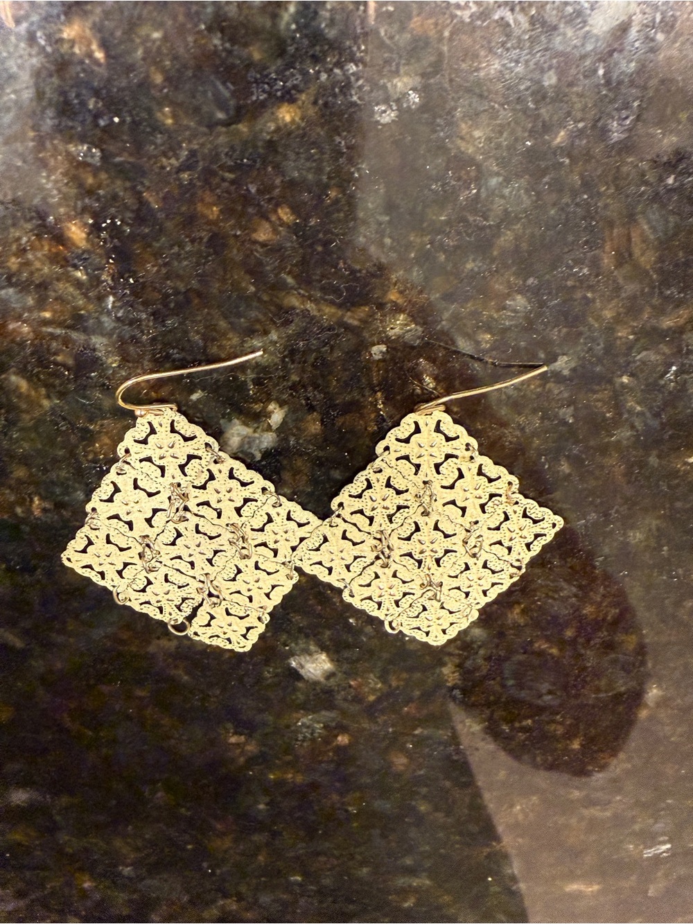 Filigree Square Drop Earrings - Gold Tone